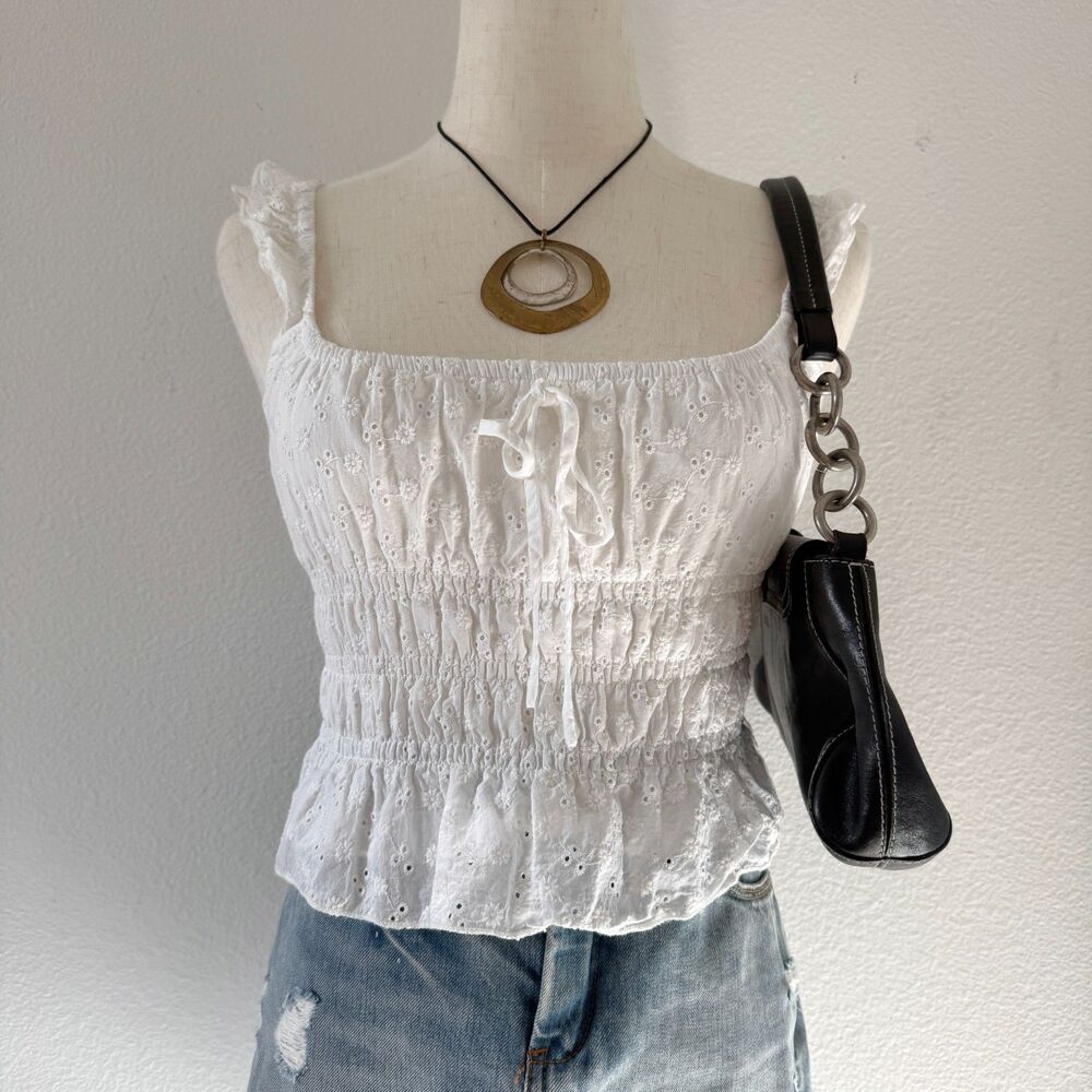 White Cottage Whimsy Fairy Eyelet Embroidered Tank Top Ruffled Hem Size XS